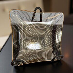 Vintage Chance Glass Mid Century Modern Gold Swirl Dish Plate 7.25" Square